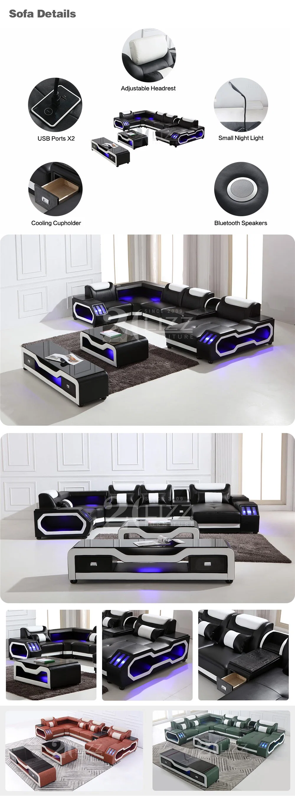 European Modern Sectional Leisure Living Room Home Furniture U Shape Genuine Leather Sofa Couch Set with LED Lights